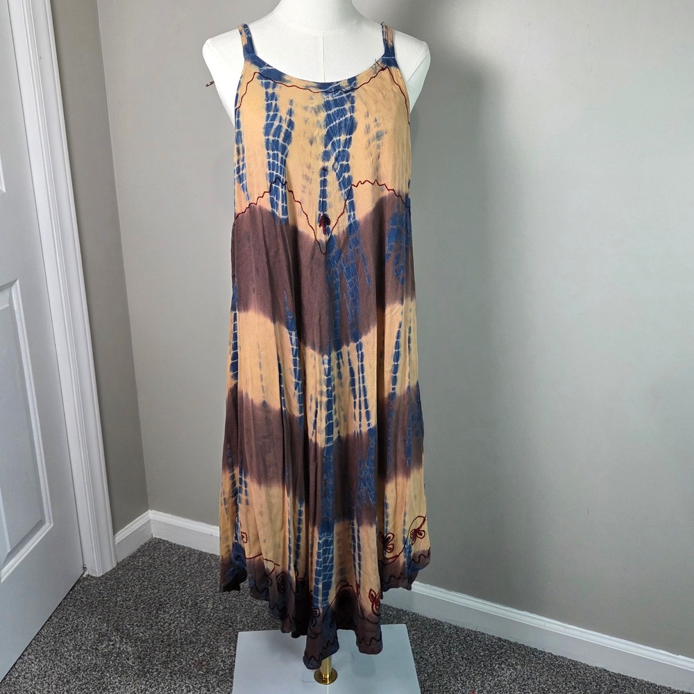 Ocean Breeze Maxi Dress Women Free Size Brown Blue Tie Dye Excellent Boho Rayon